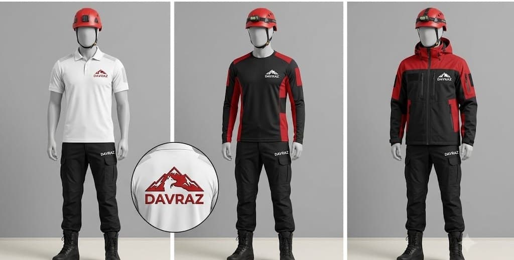 DAVRAZ Arama Kurtarma Derneği resmî kıyafet takımları: beyaz polo tişört, siyah-kırmızı taktik tişört ve siyah-kırmızı taktik mont