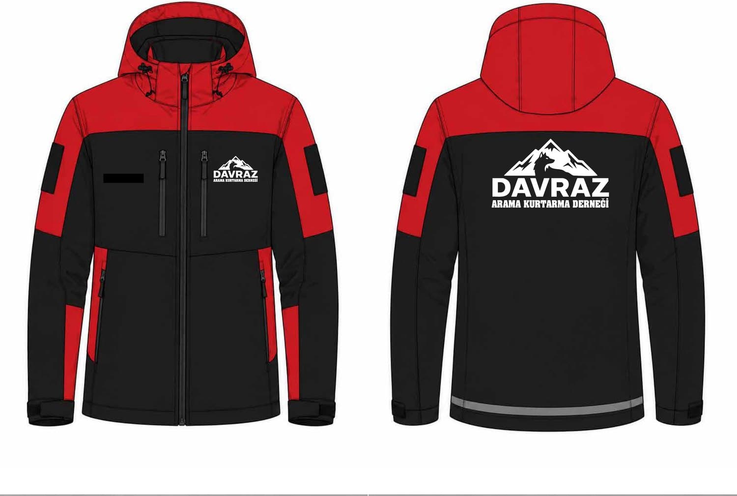 Siyah-kırmızı taktik montun ön ve arka görünümü, sırtında DAVRAZ Arama Kurtarma Derneği logosu