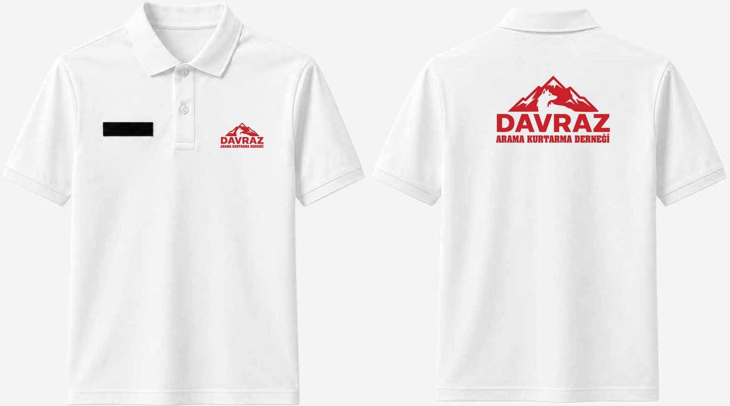 Beyaz polo tişörtün ön ve arka görünümü, kırmızı DAVRAZ Arama Kurtarma Derneği logosu ile